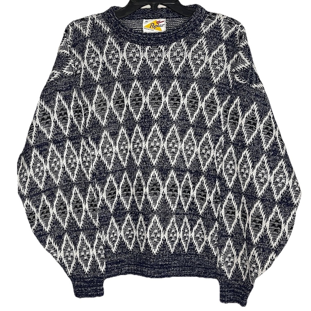 Vintage Poplar Knit Sweater Men XL Navy White Diamond Geometric Pattern 1980-90s